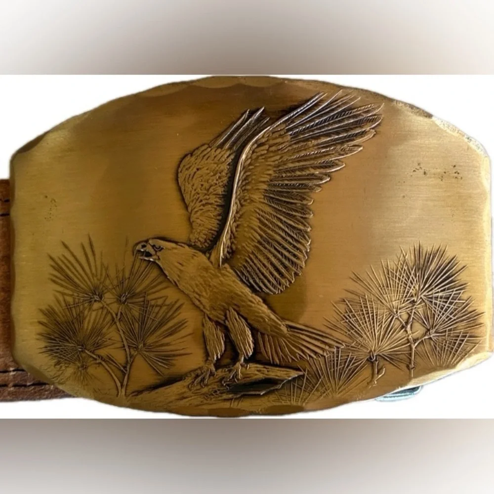 NATALE brass Eagle buckle on Leather Belt, XL VTG Exquisite artisan piece Unisex